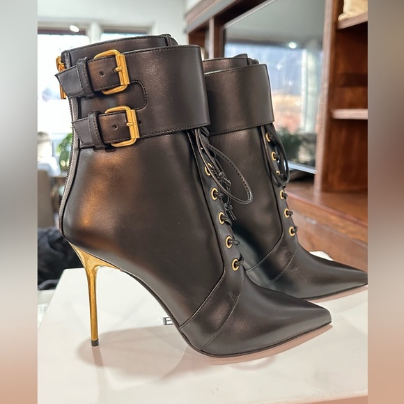 NIB Balmain Uria Leather Ankle Lace Zipper Buckle Boots Black Gold Heel 38 - Picture 6 of 16